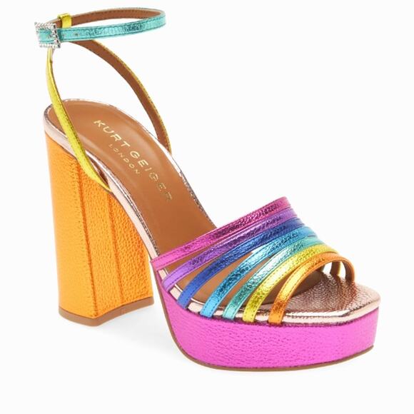 Kurt Geiger Size 8 Pierra Multicolor Rainbow Block Heel Ankle Strap Sandal Heels - Picture 1 of 9